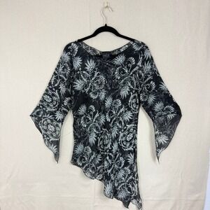 Vintage JKLA California Black White Floral Sheer Bell Sleeve Top M
